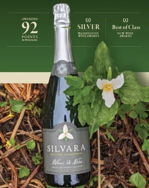 A bottle of Silvara Sechere Champagne sparkling wine positioned on the ground among green leaves and a white flower with yellow center, with award text above the bottle on a green background.