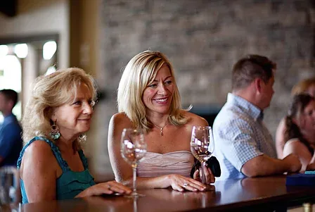 Two women sitting at a bar engaged in conversation and smiling, with wine glasses on the counter in front of them, inside a cozy and softly lit wine tasting room.