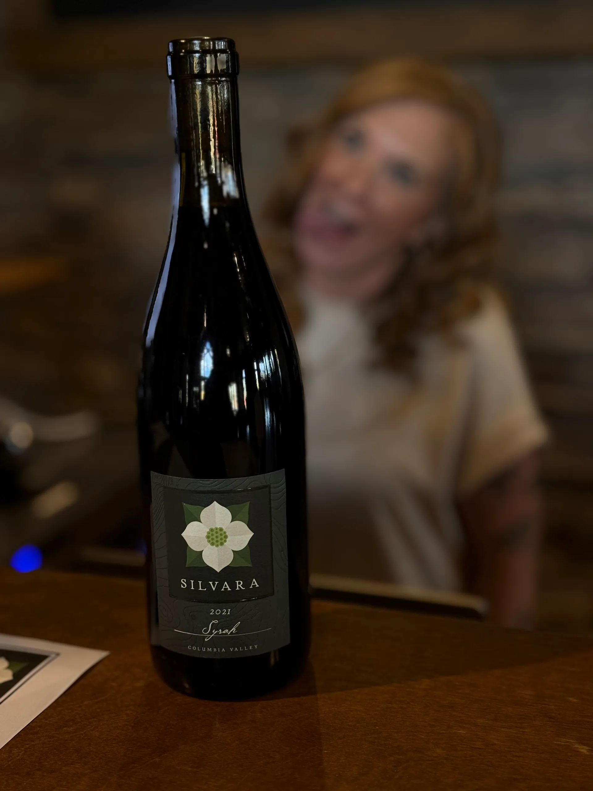 A bottle of Silvara 2021 Syrah, Columbia Valley, on the tasting room bar