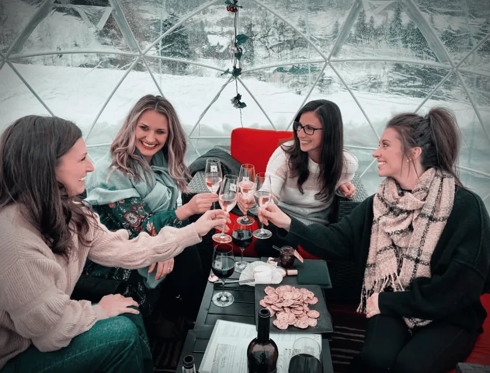 Four friends raising their wine glasses in a toast inside an igloo at Silvara Cellars