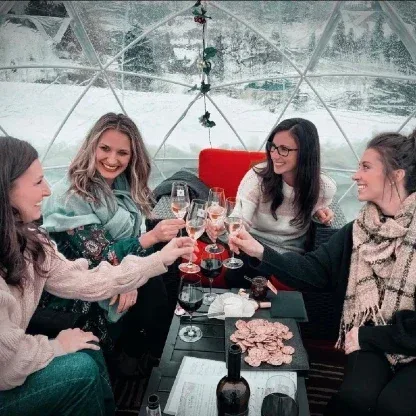 Four women sitting inside a transparent igloo, smiling and toasting with glasses of wine, surrounded by winter scenery visible through the igloo walls.