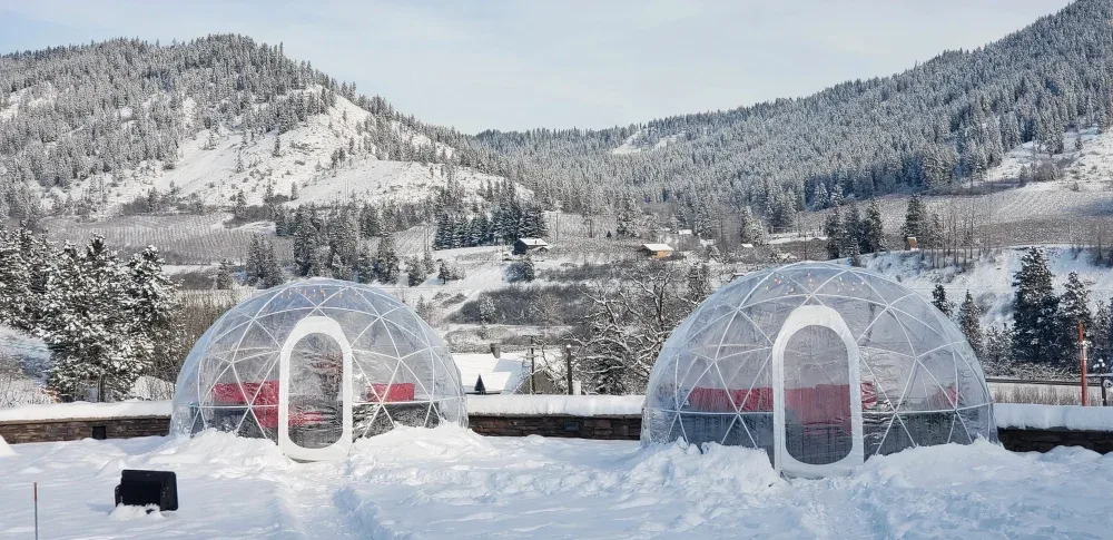 Two transparent dome igloos set up as outdoor tasting rooms in a snowy mountainous landscape with pine trees and houses scattered on the hills in the background.