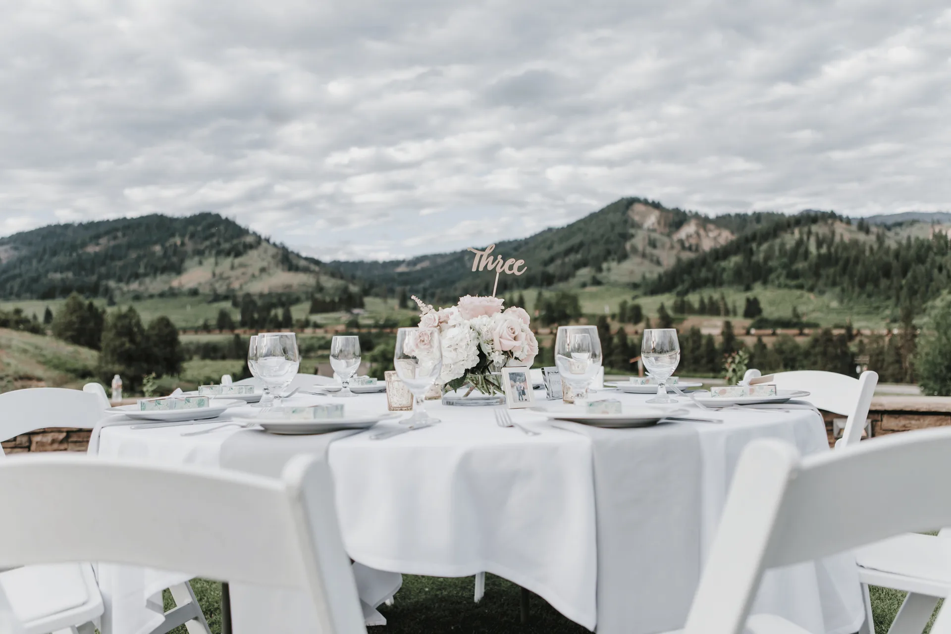 Reception table set with roses and glassware on the lawn at Silvara Cellars, with forested hills across the valley