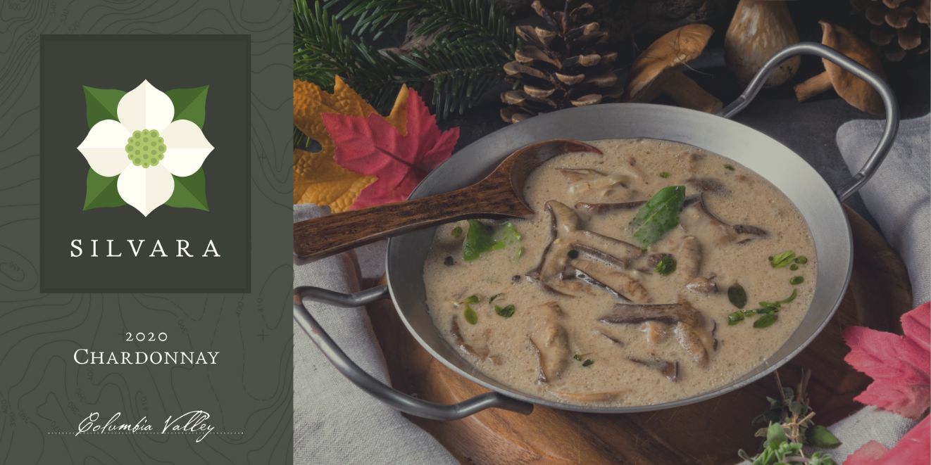 Slippery Jack mushroom cream sauce in a pan beside the Silvara 2020 Chardonnay label