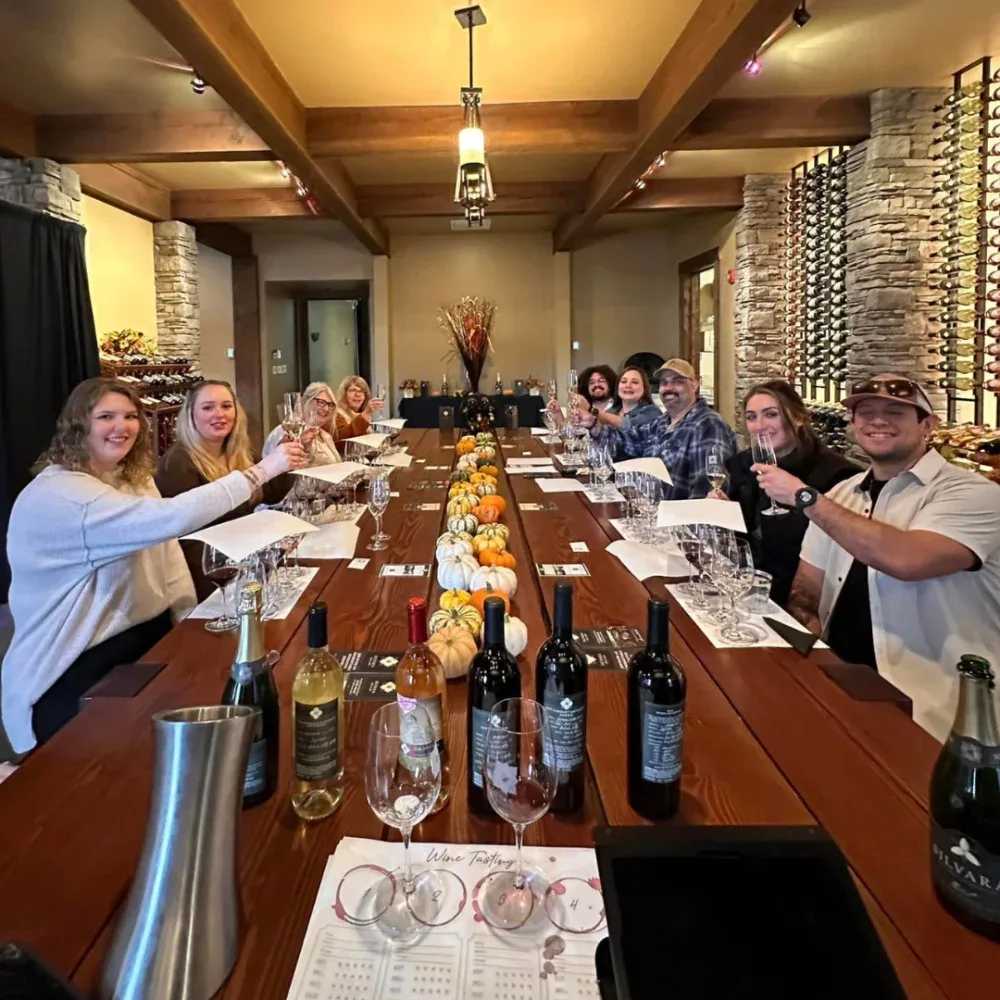 A group of people seated around a long wooden table in a wine tasting room, raising their glasses in a toast. The table is decorated with small pumpkins and surrounded by wine bottles and glasses, set in a rustic room with stone walls and wooden beams.