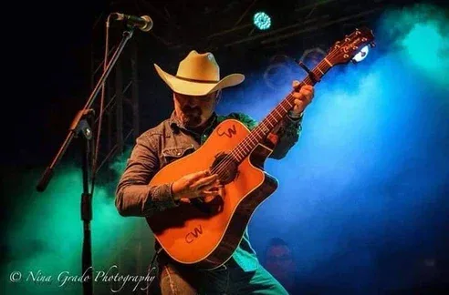 Musician wearing a cowboy hat playing an acoustic guitar on stage with a microphone stand nearby, surrounded by blue and green stage lighting and smoke effects.